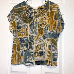 BENTLEY Woman's Aztec Blue/Green Silk Short Sleeve Blouse Large